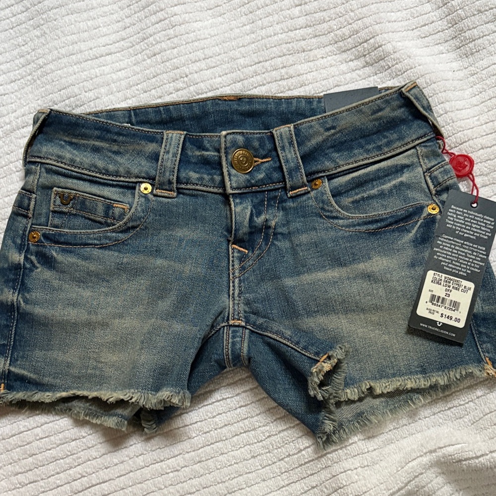 True Religion Blue Denim Frayed Shorts